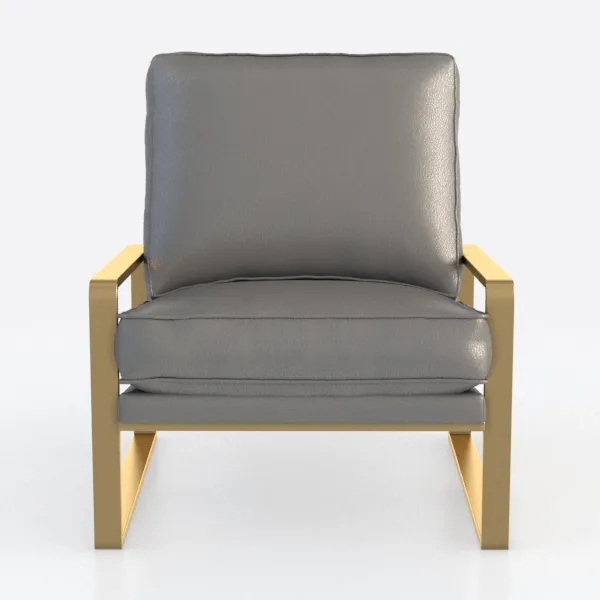 Modern Grey Leather Gold Metal Frame Armchair 3D Model Front View
